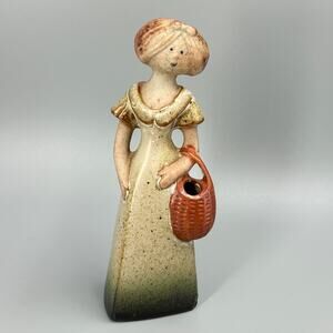 Vtg 70’s Speckled Stoneware Woman Carrying Basket Flower Vase Figurine Japan Mad